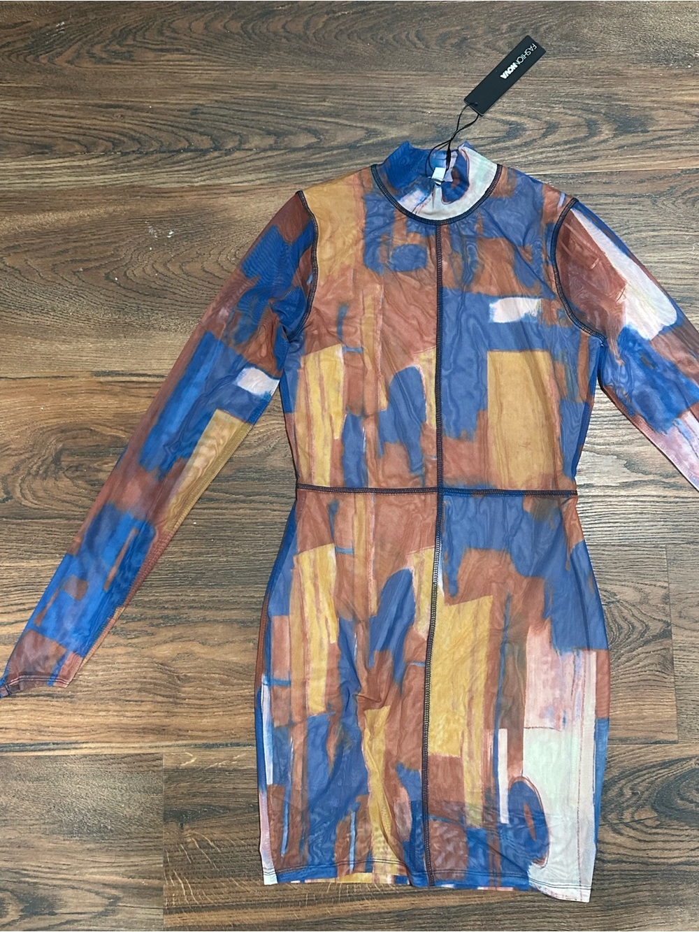 Fashion Nova Abstract Brushstroke Long Sleeve Mini Dress in Blue and Brown - Picture 3 of 3